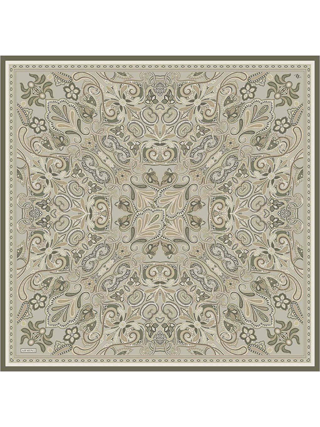 Yeşil Etnik Desen Saf İpek Twill Eşarp 9421D 36-3