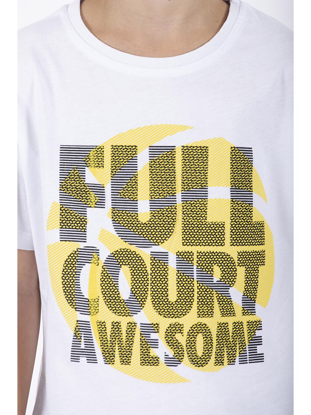 Beyaz Bisiklet Yaka Full Court Awesome Baskılı Erkek Çocuk Tişört-4