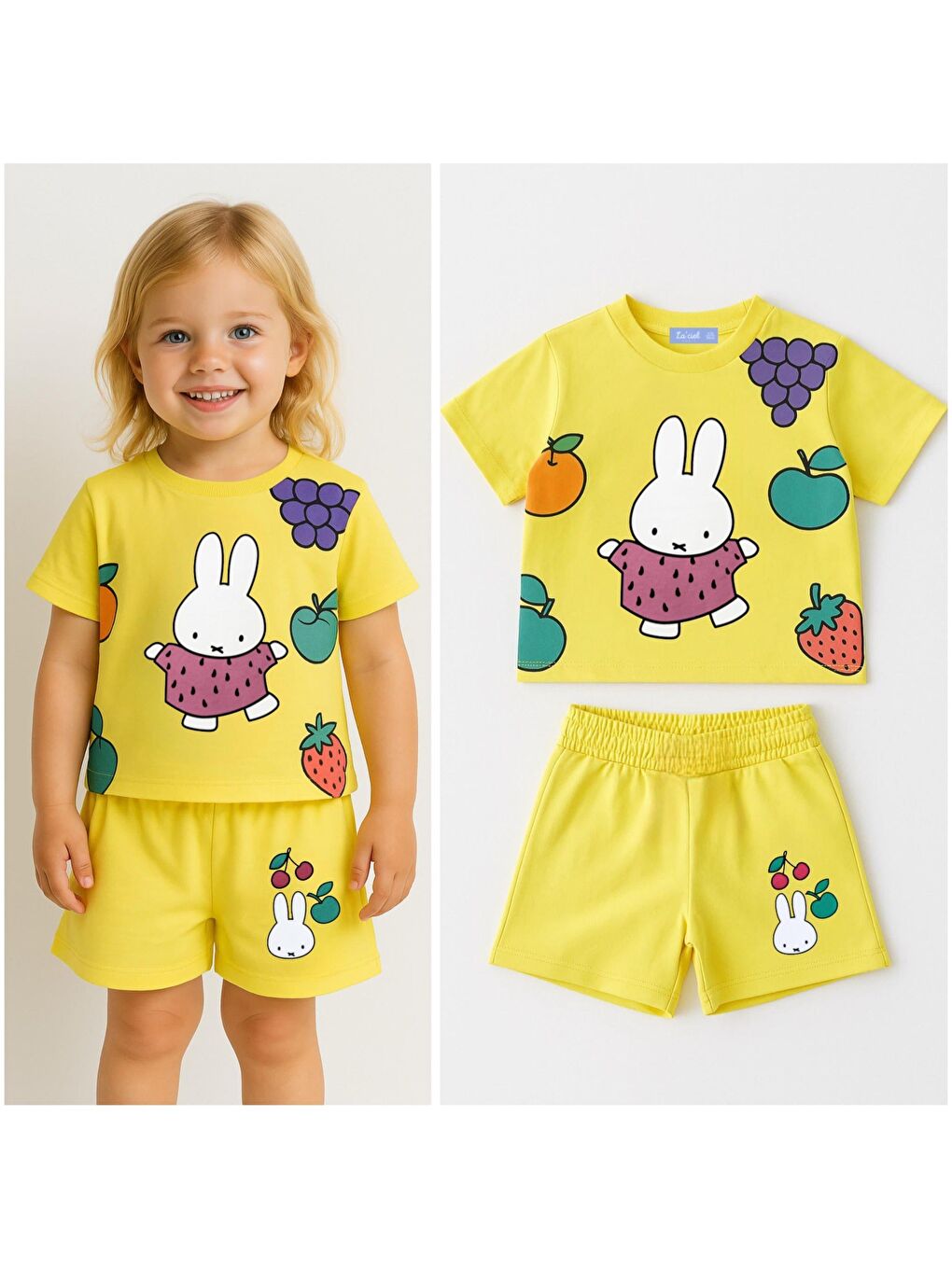 Kız Çocuk Pamuklu Sarı Meyve Desenli Karakter Baskılı T-Shirt Şort Takım - Renkli Yazlık Set