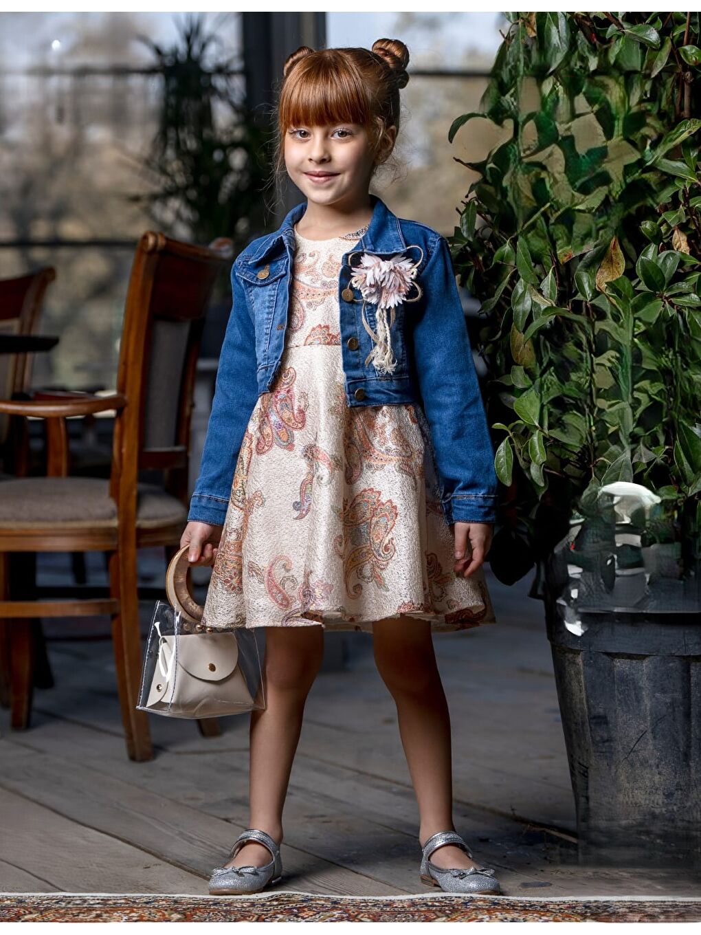Bej Çiçek Motif Jean Ceketli Kız Elbise M00721-4