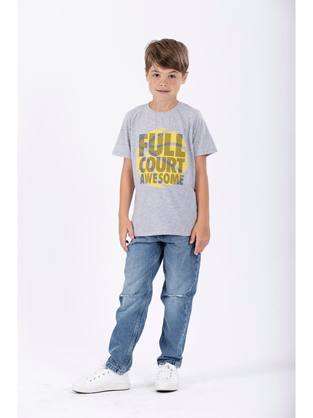 Gri Bisiklet Yaka Full Court Awesome Baskılı Erkek Çocuk Tişört
