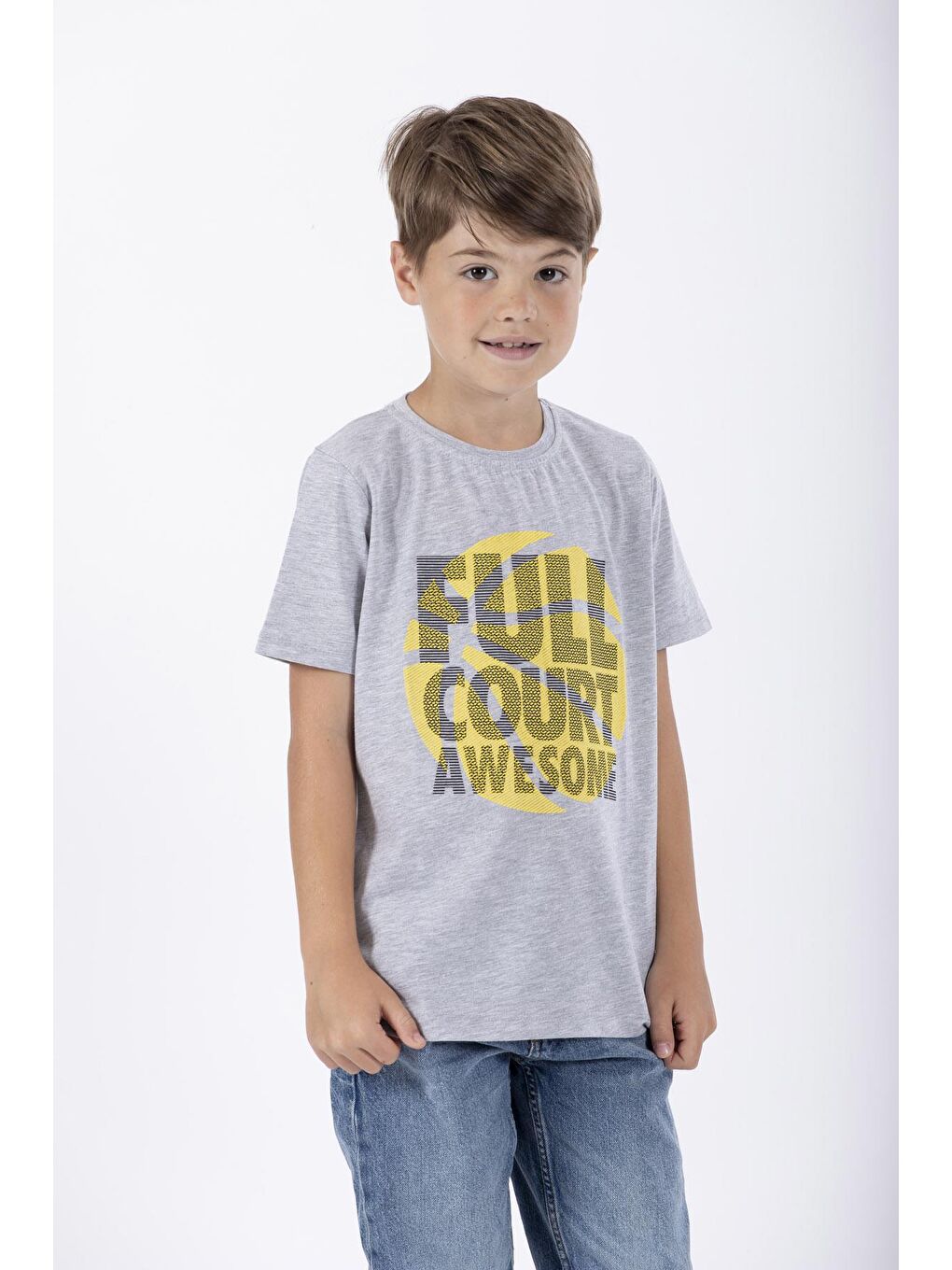 Gri Bisiklet Yaka Full Court Awesome Baskılı Erkek Çocuk Tişört-1