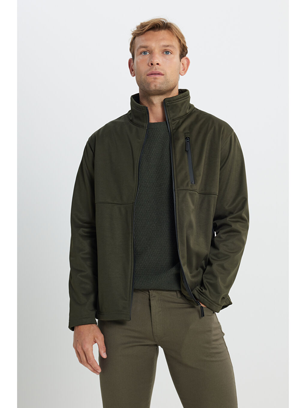 Erkek Haki Sıcak Tutan Comfort Fit Rahat Kesim Dik Yaka Mont