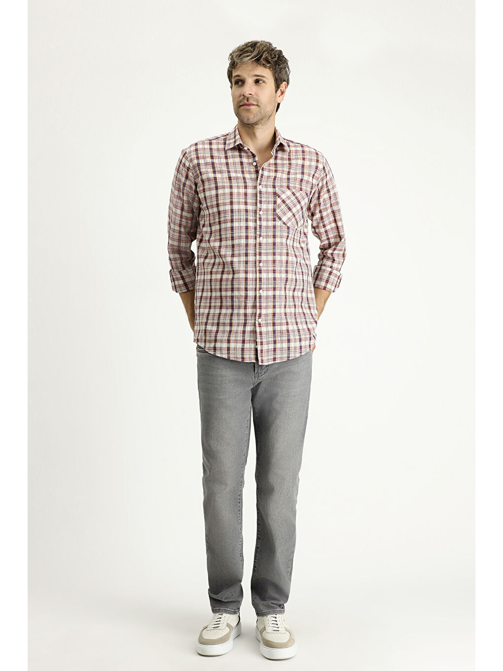Bordo Uzun Kol Regular Fit Ekose Pamuk Gömlek-1
