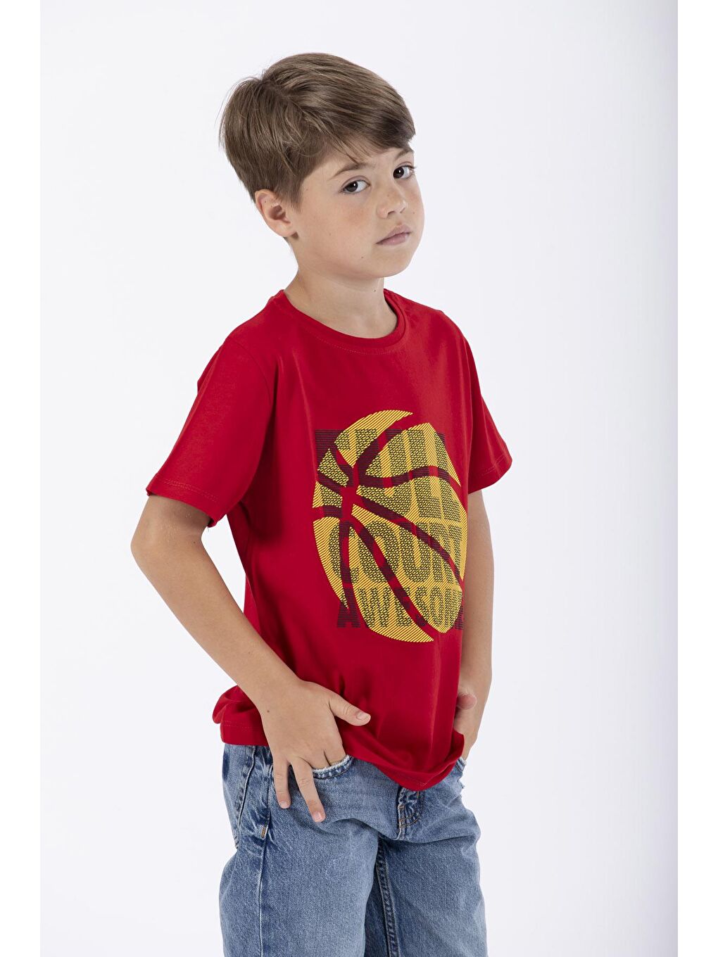 Kırmızı Bisiklet Yaka Full Court Awesome Baskılı Erkek Çocuk Tişört-1