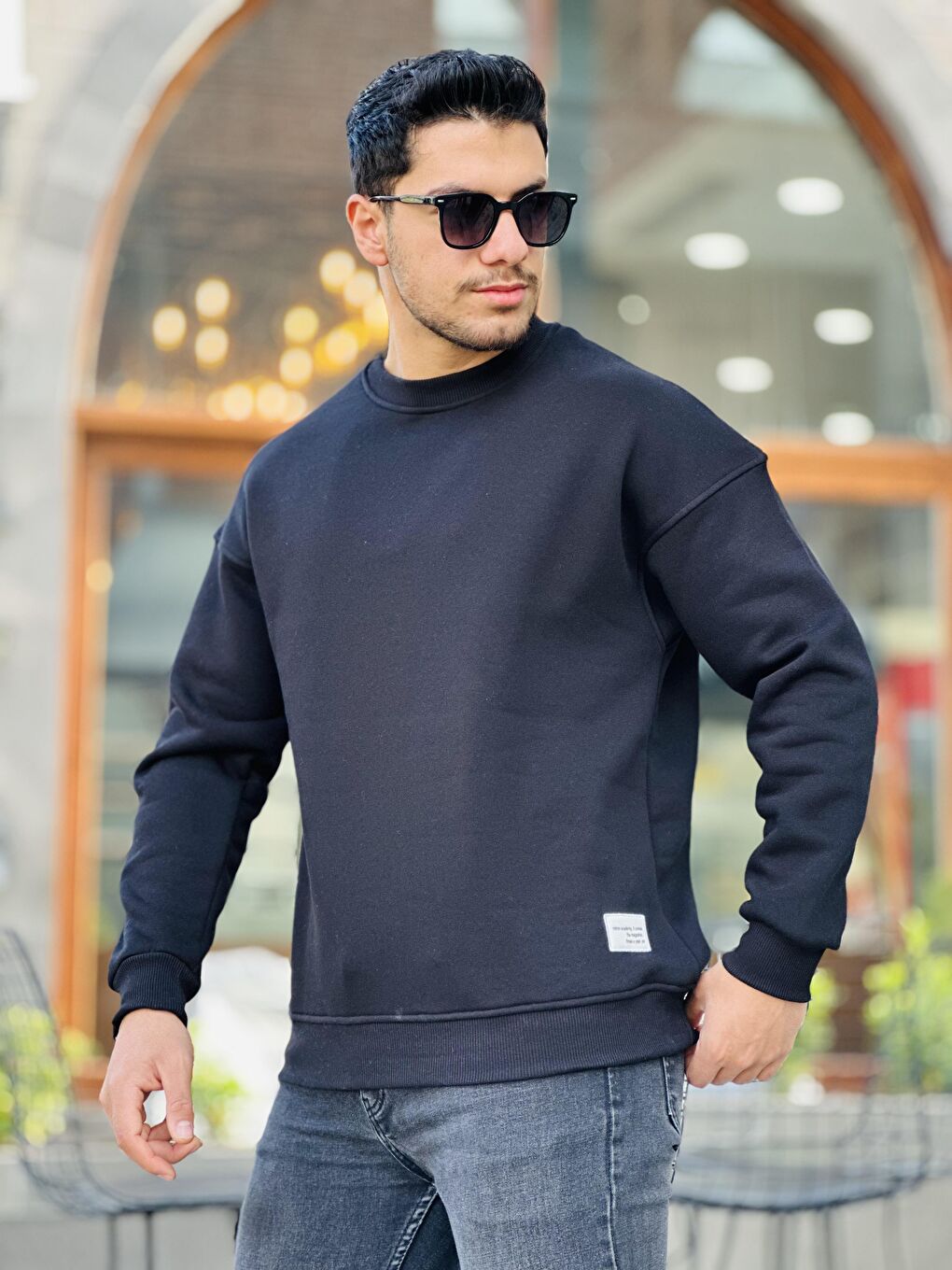 Miron Siyah Unisex Üç İplik İçi Şardonlu Bisiklet Yaka Oversize Sweatshirt - 2