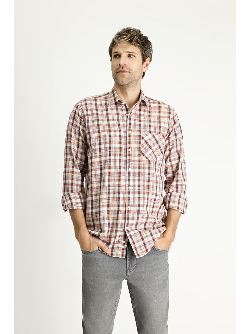 Bordo Uzun Kol Regular Fit Ekose Pamuk Gömlek-2