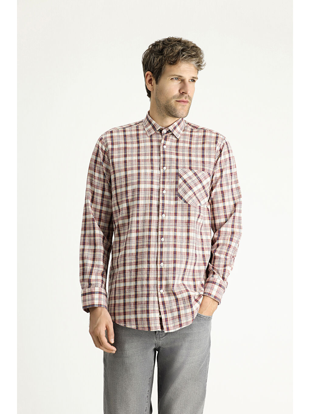 Bordo Uzun Kol Regular Fit Ekose Pamuk Gömlek-3