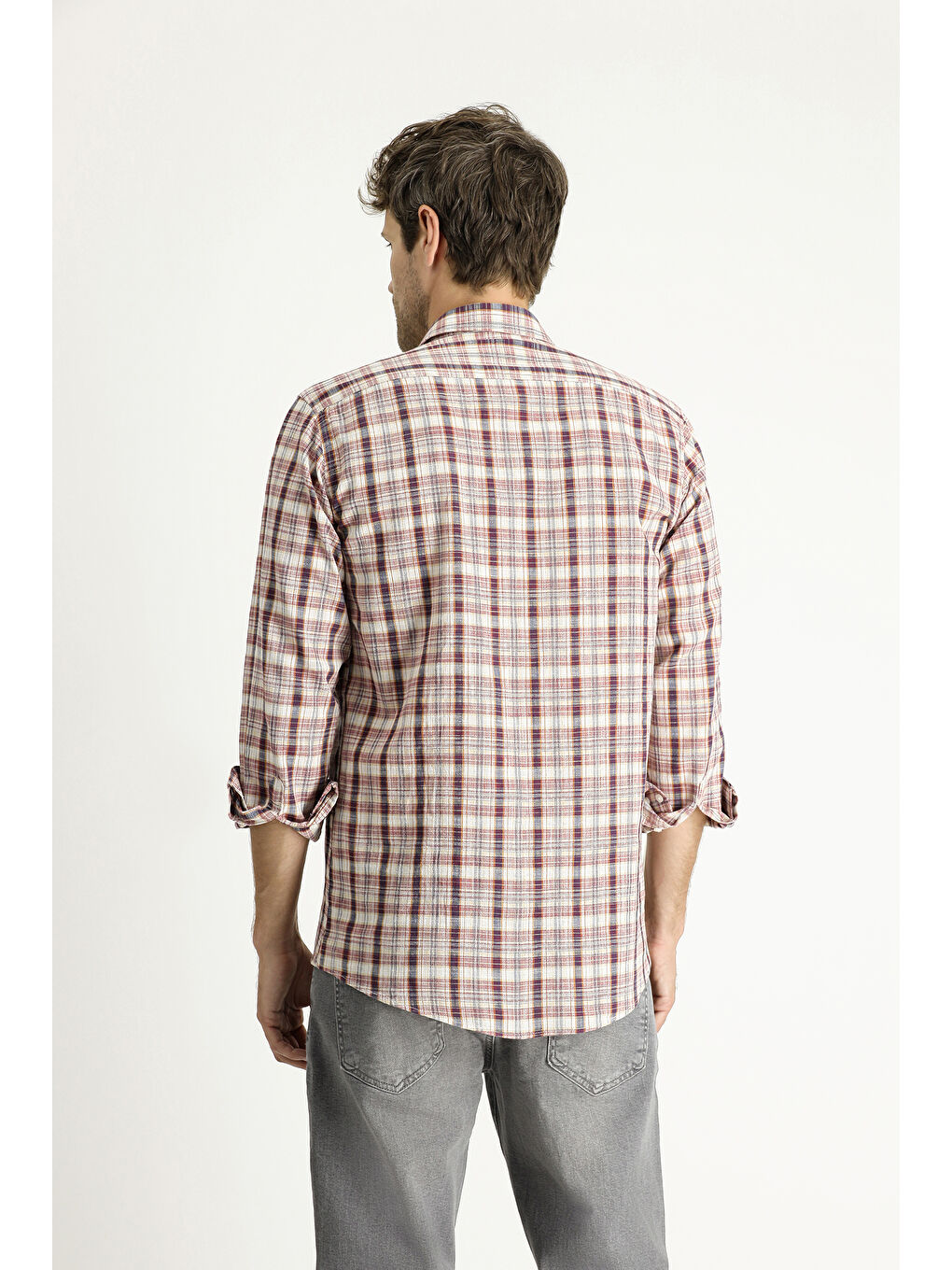 Bordo Uzun Kol Regular Fit Ekose Pamuk Gömlek-4