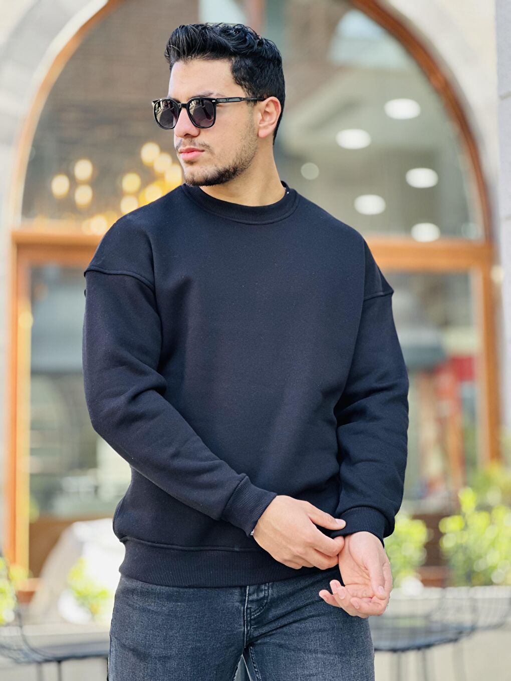 Miron Siyah Unisex Üç İplik İçi Şardonlu Bisiklet Yaka Oversize Sweatshirt - 3