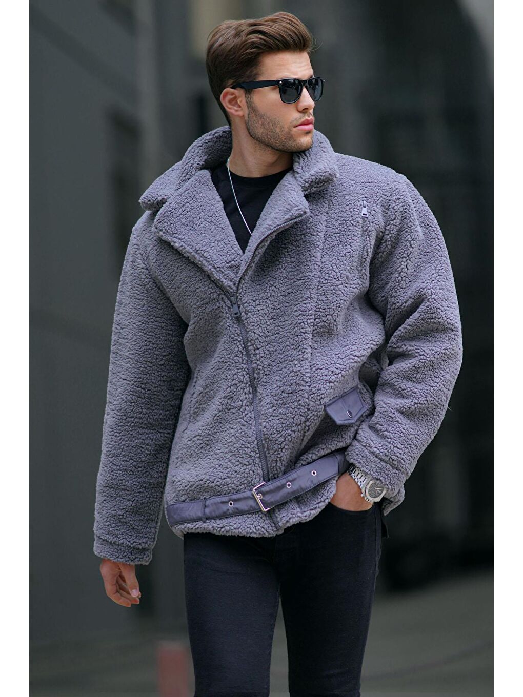 Gri Füme Pelüş Biker Erkek Pelüş Yaka Ceket 6849-1