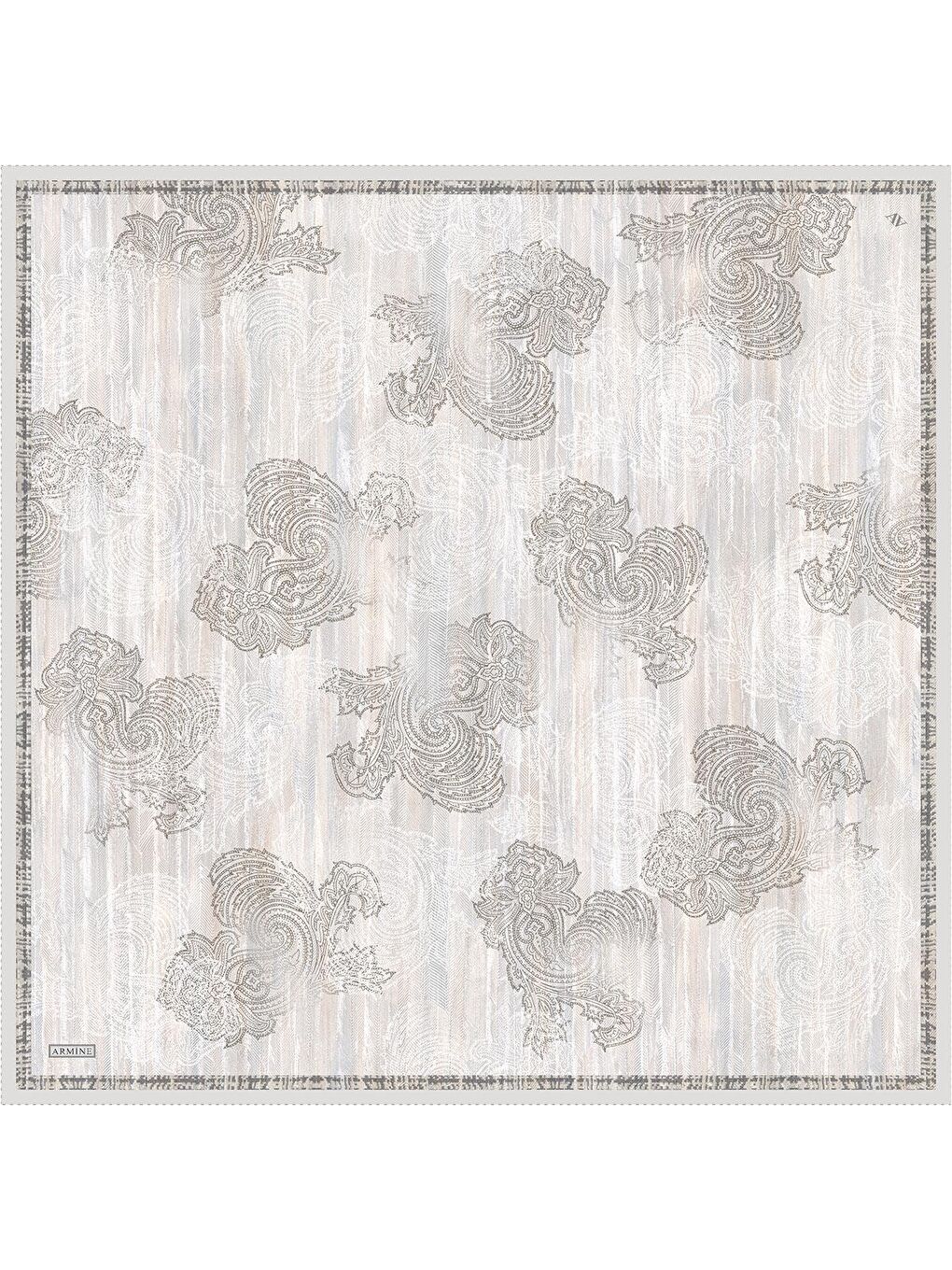 Ekru Klasik Desenli Saf İpek Twill Eşarp 9428D 35-3