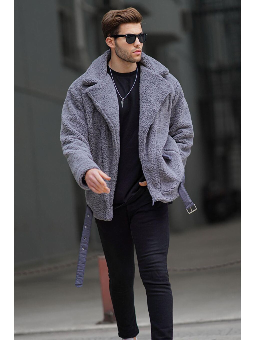 Gri Füme Pelüş Biker Erkek Pelüş Yaka Ceket 6849-2