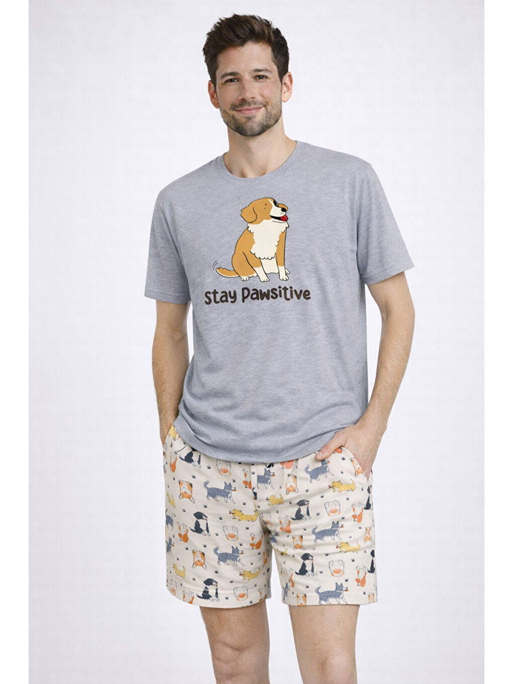 Gri Erkek Pamuklu Köpek Desenli Eğlenceli Cepli Şortlu Pijama Takımı-1