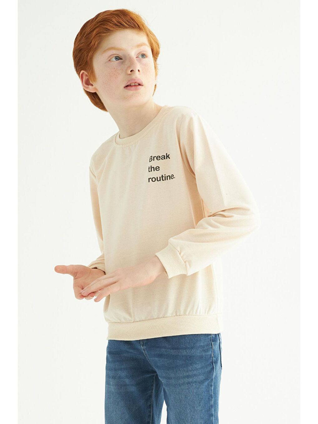 Bej Bisiklet Yaka Yazı Baskılı Erkek Çocuk Sweatshirt