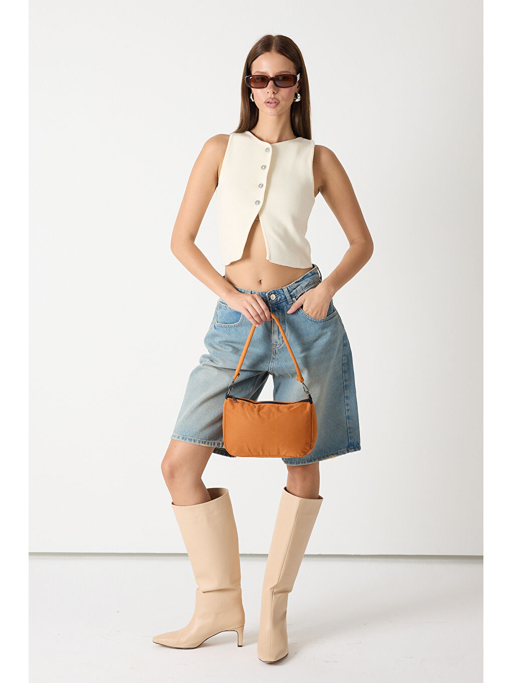 Kahverengi Kadın Tarçın Minimal Tasarım Kumaş Baget Omuz Çantası-1