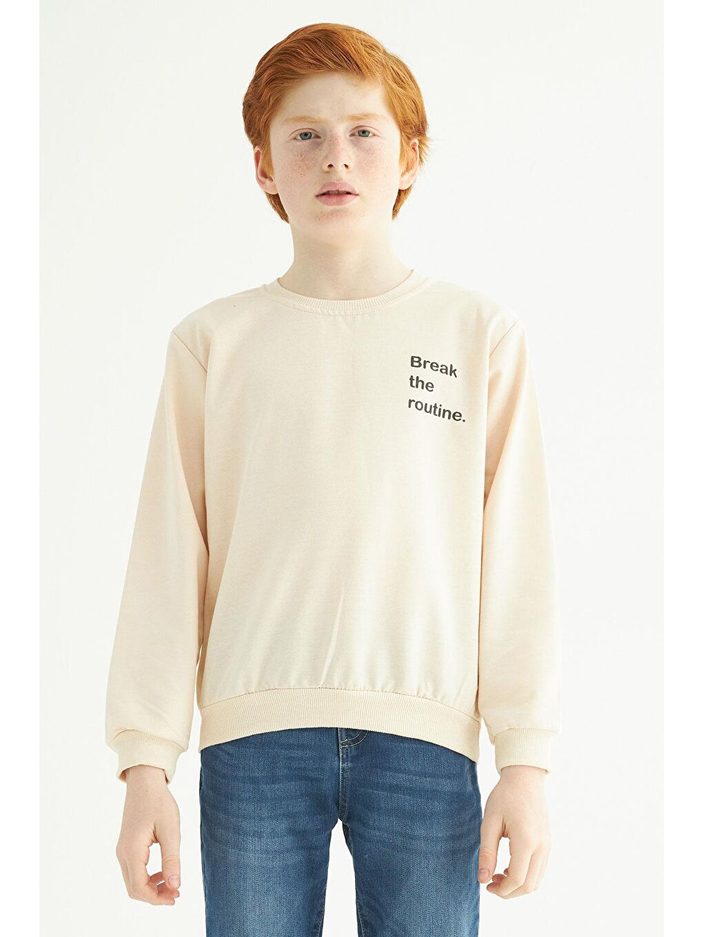 Bej Bisiklet Yaka Yazı Baskılı Erkek Çocuk Sweatshirt-1