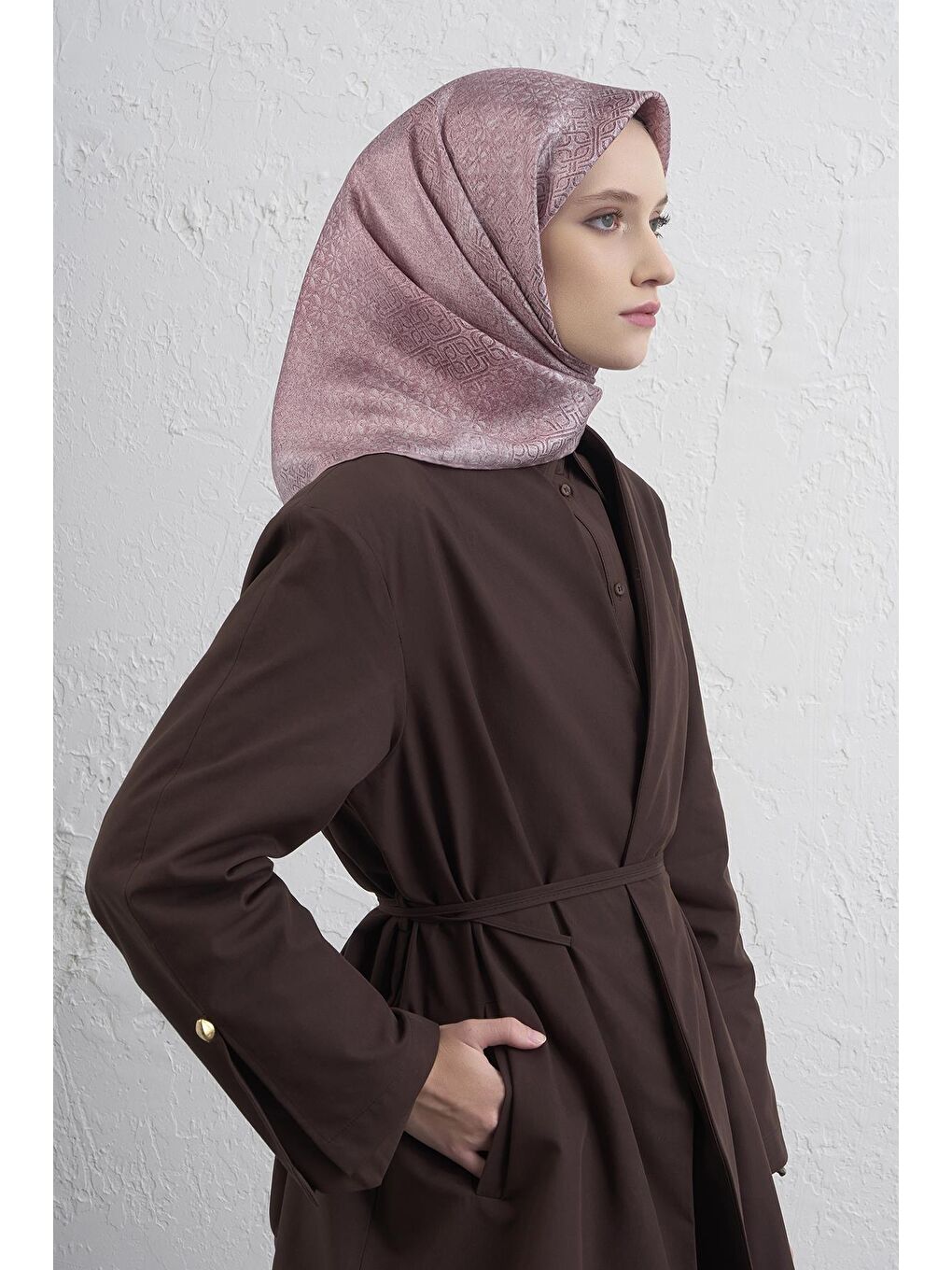 Pembe Klasik Desenli Saf İpek Twill Eşarp 9437D 14-1