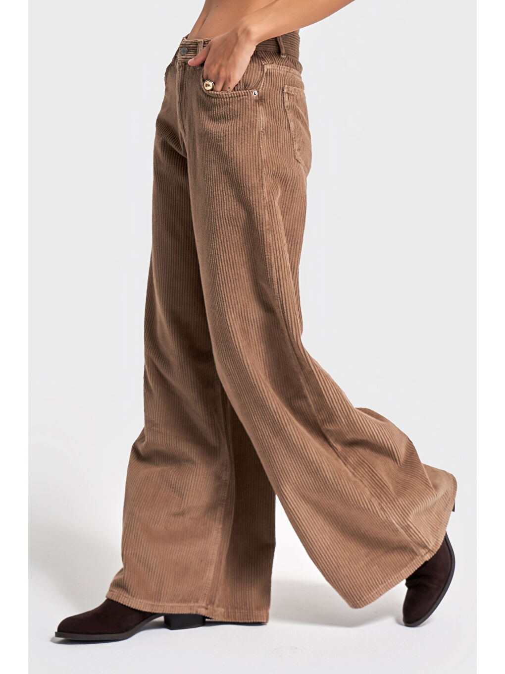 Kadın Kahverengi Hera 29w5-29 Palazzo Fit Kalın Fitilli Velvet Kadife Kumaş Pantolon