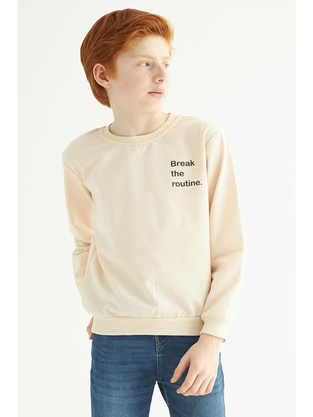 Bej Bisiklet Yaka Yazı Baskılı Erkek Çocuk Sweatshirt-2