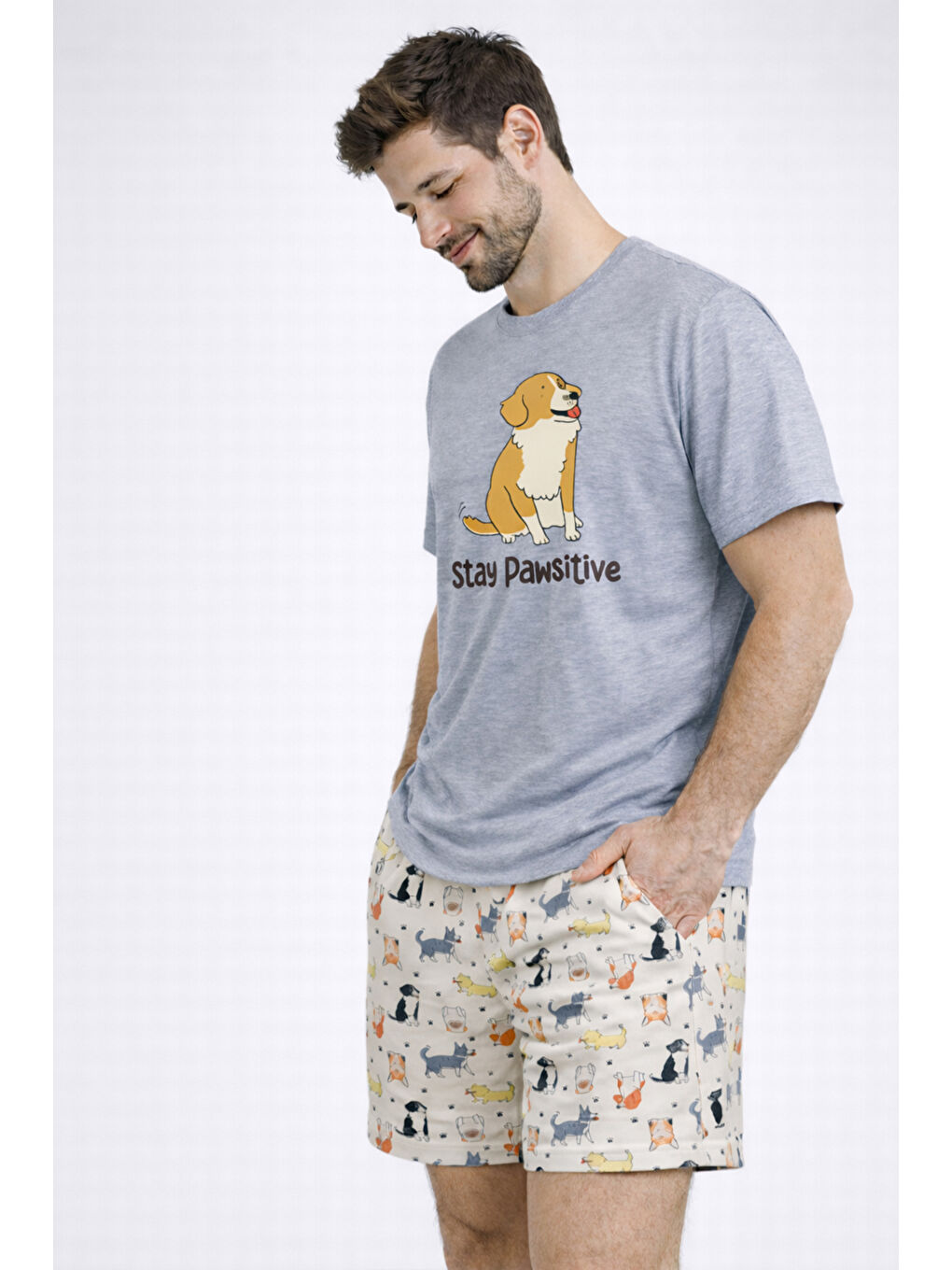 Gri Erkek Pamuklu Köpek Desenli Eğlenceli Cepli Şortlu Pijama Takımı-2