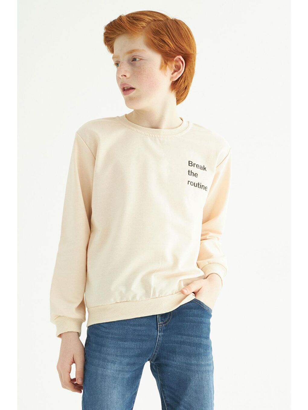 Bej Bisiklet Yaka Yazı Baskılı Erkek Çocuk Sweatshirt-3