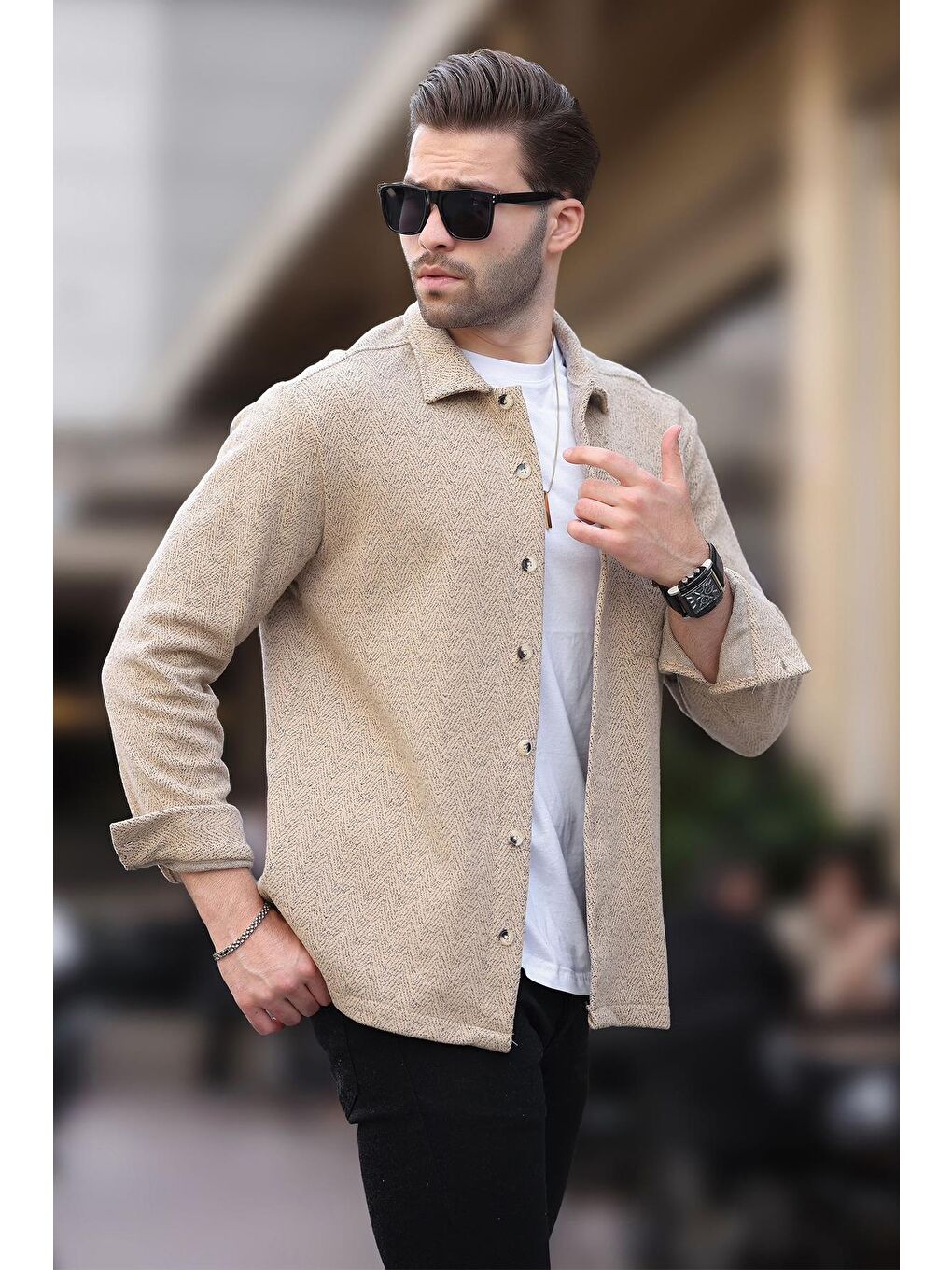 Kahverengi Camel Desenli Tek Cep Erkek Polar Gömlek 6752