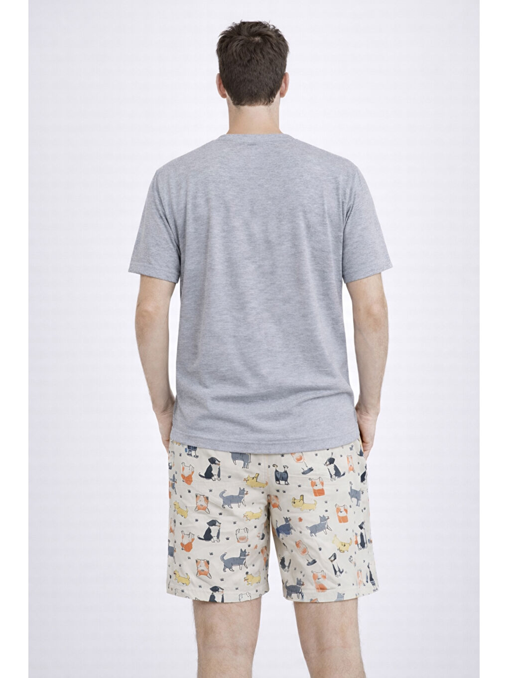 Gri Erkek Pamuklu Köpek Desenli Eğlenceli Cepli Şortlu Pijama Takımı-3