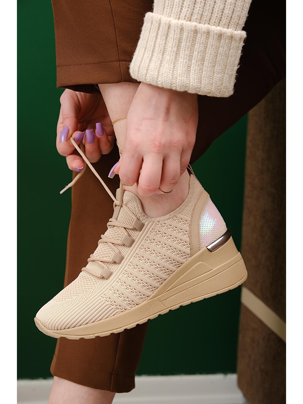 Kahverengi Delisle Fileli Kalın Topuklu Kadın Sneaker-1