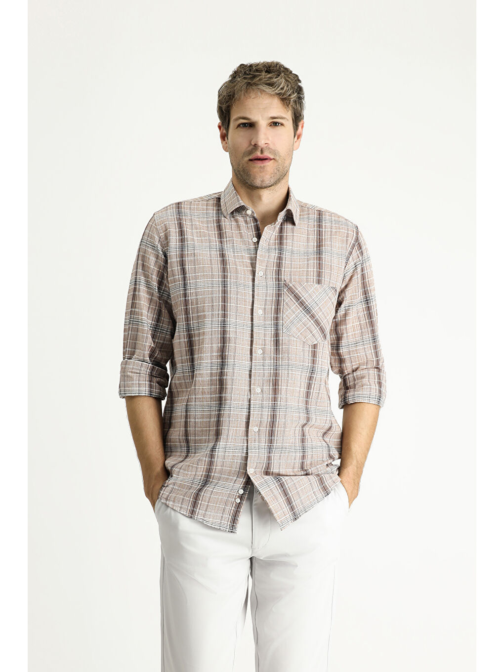 Kahverengi Uzun Kol Regular Fit Ekose Pamuk %100 Pamuk Gömlek