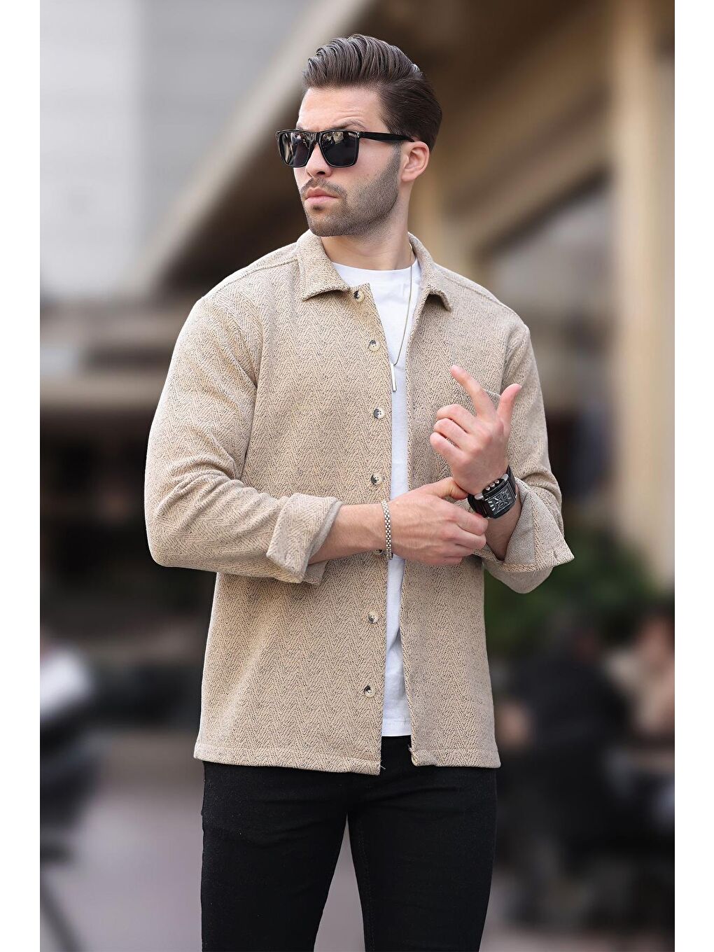 Kahverengi Camel Desenli Tek Cep Erkek Polar Gömlek 6752-1