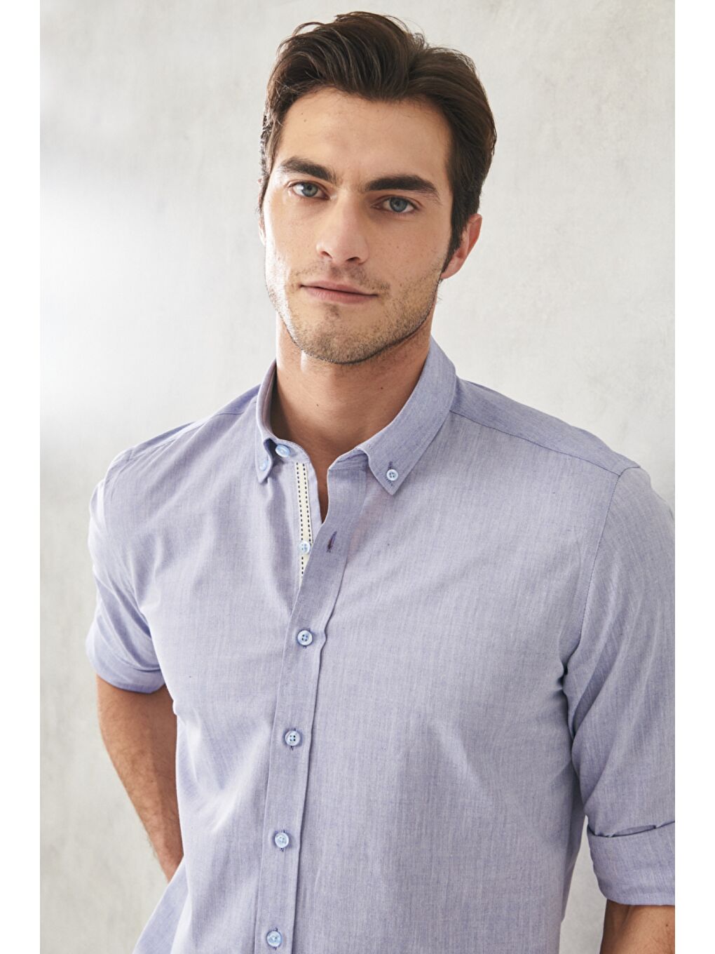 Erkek Açık Lacivert Düğmeli Yaka %100 Pamuk Düz Casual Gömlek-2