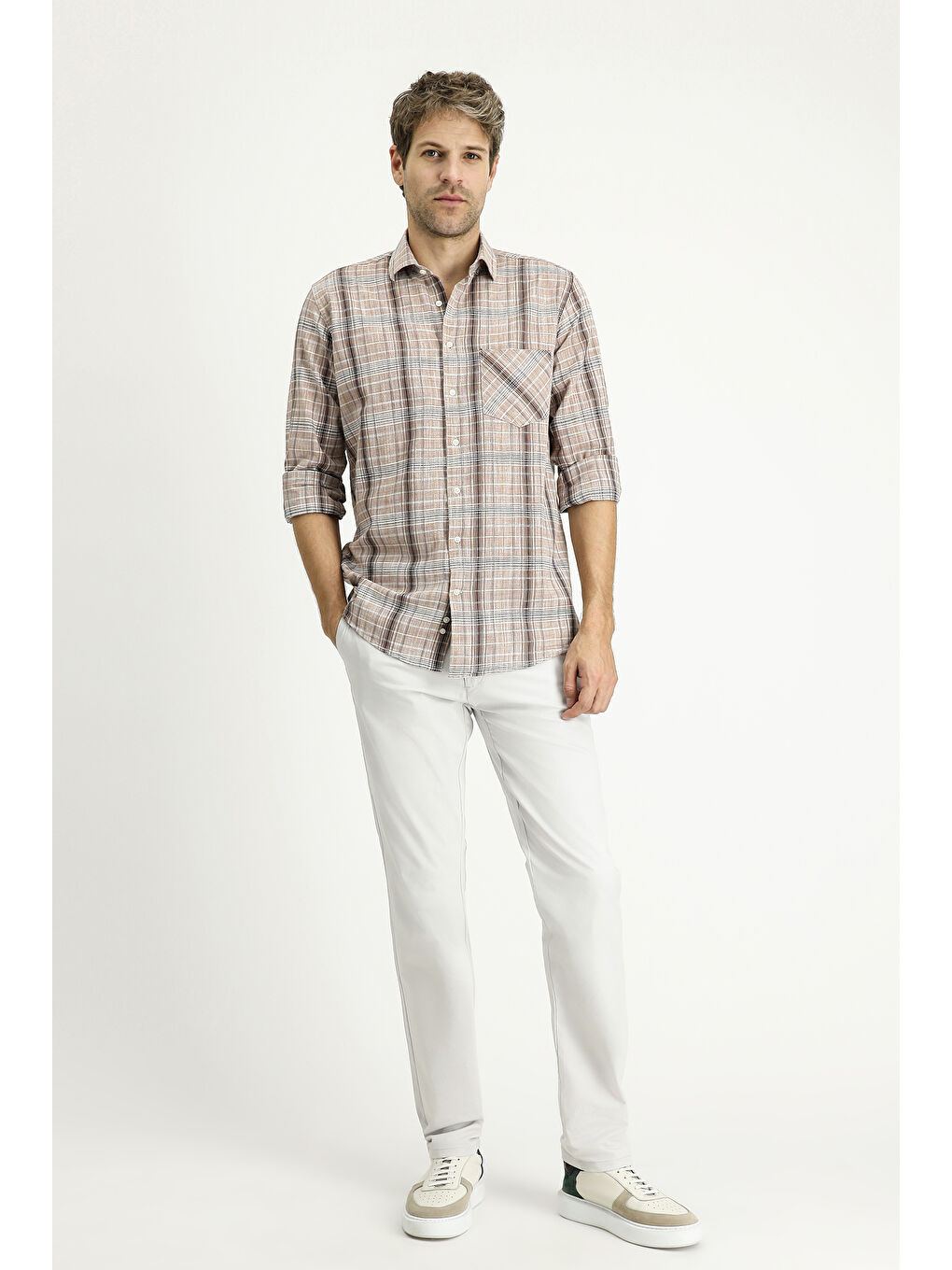 Kahverengi Uzun Kol Regular Fit Ekose Pamuk %100 Pamuk Gömlek-1