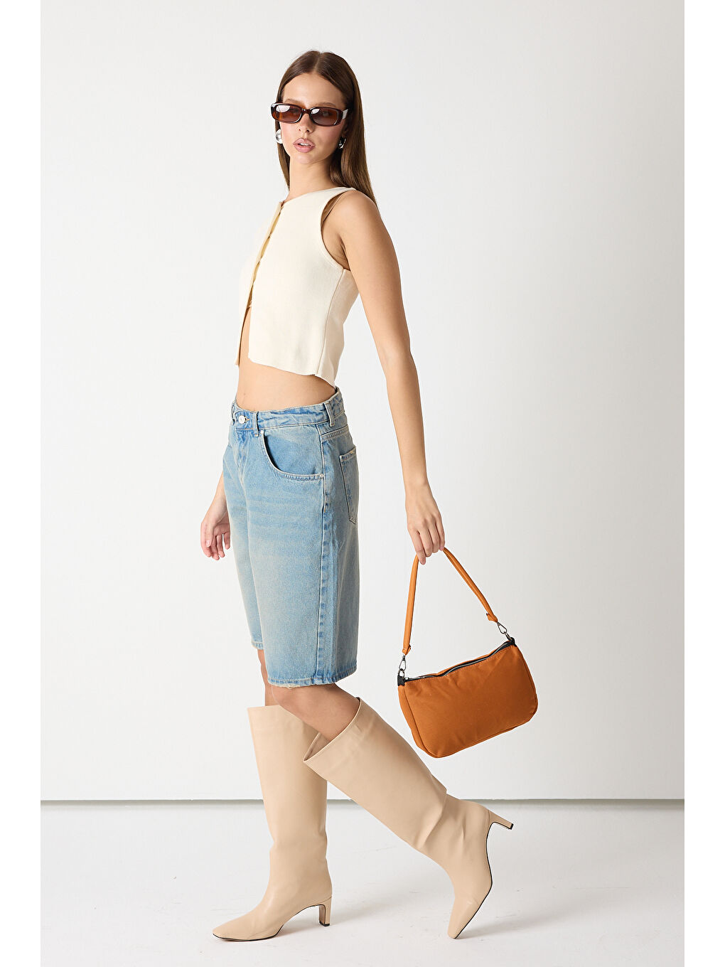 Kahverengi Kadın Tarçın Minimal Tasarım Kumaş Baget Omuz Çantası-3