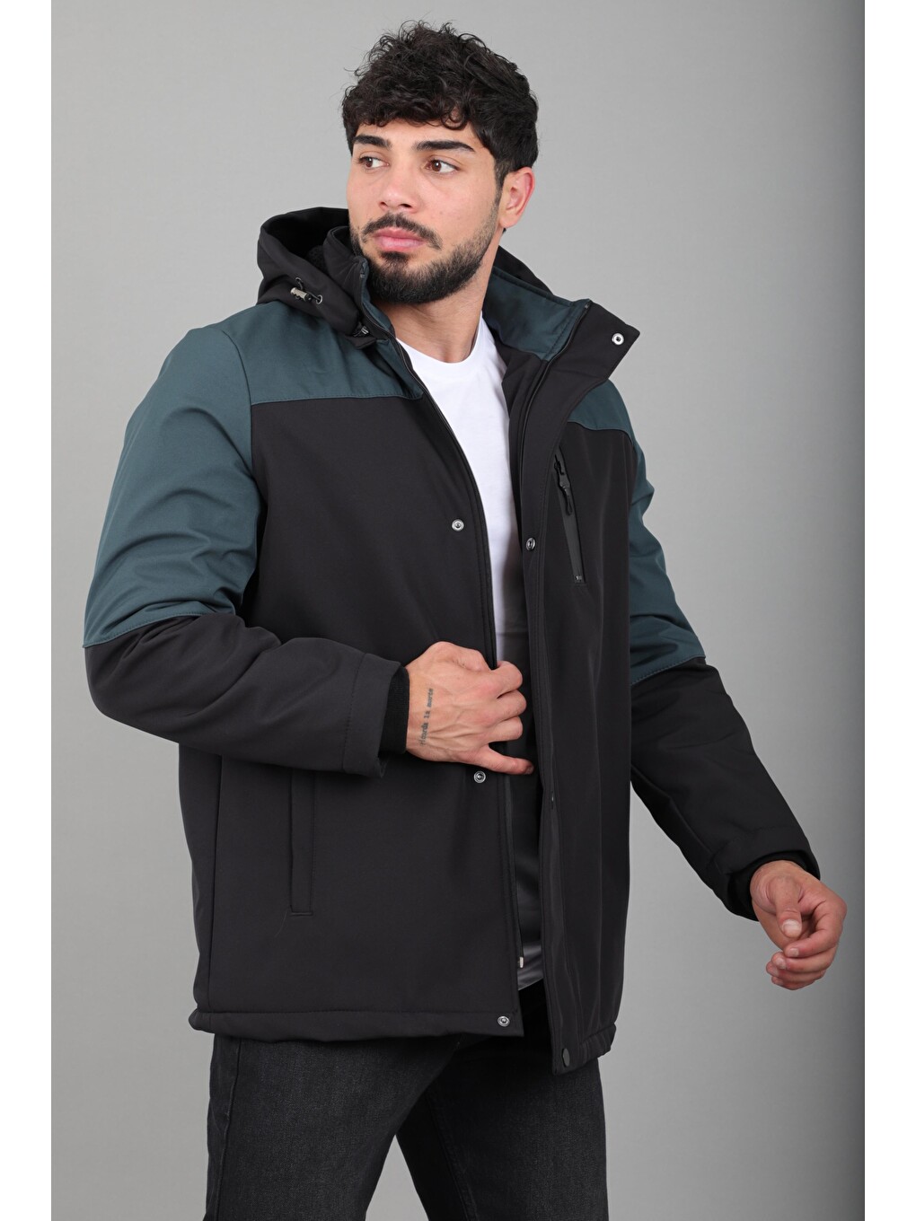 Petrol Parçalı Outdoor Softshell Kışlık Mont Pldp 3038_50513-1