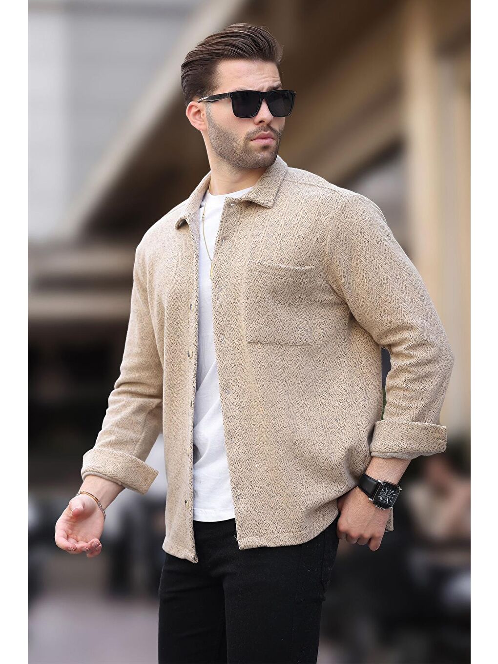 Kahverengi Camel Desenli Tek Cep Erkek Polar Gömlek 6752-2