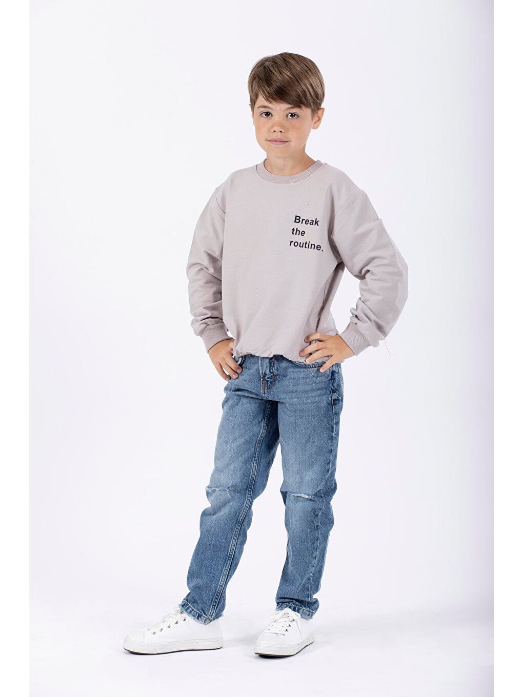 Bej Bisiklet Yaka Yazı Baskılı Erkek Çocuk Sweatshirt