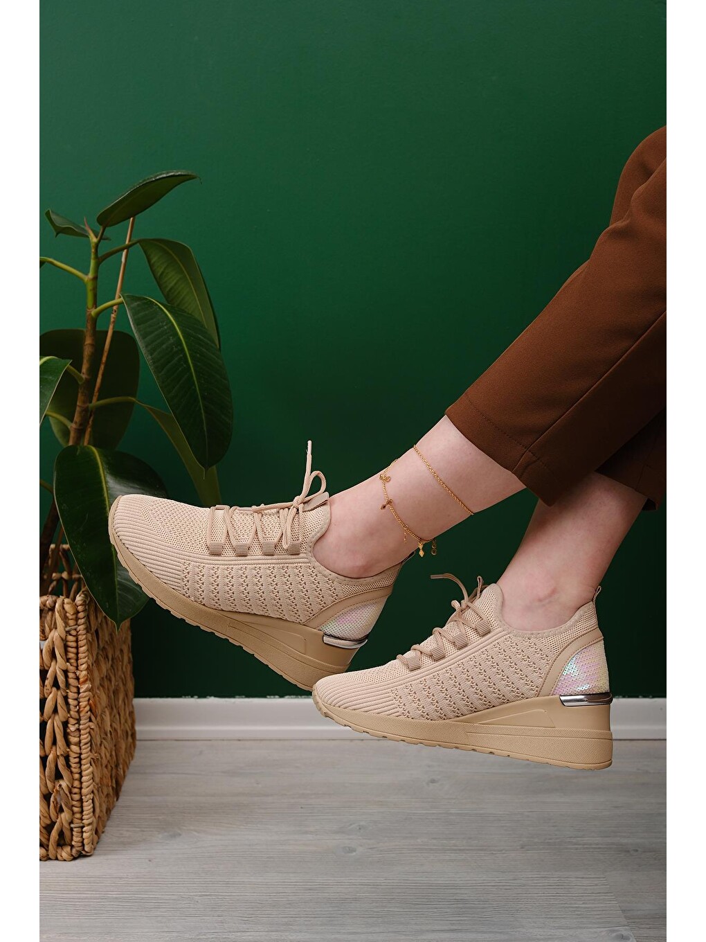 Kahverengi Delisle Fileli Kalın Topuklu Kadın Sneaker-2