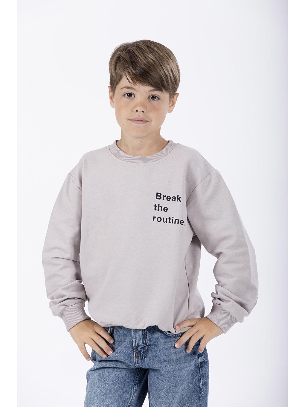 Bej Bisiklet Yaka Yazı Baskılı Erkek Çocuk Sweatshirt-1