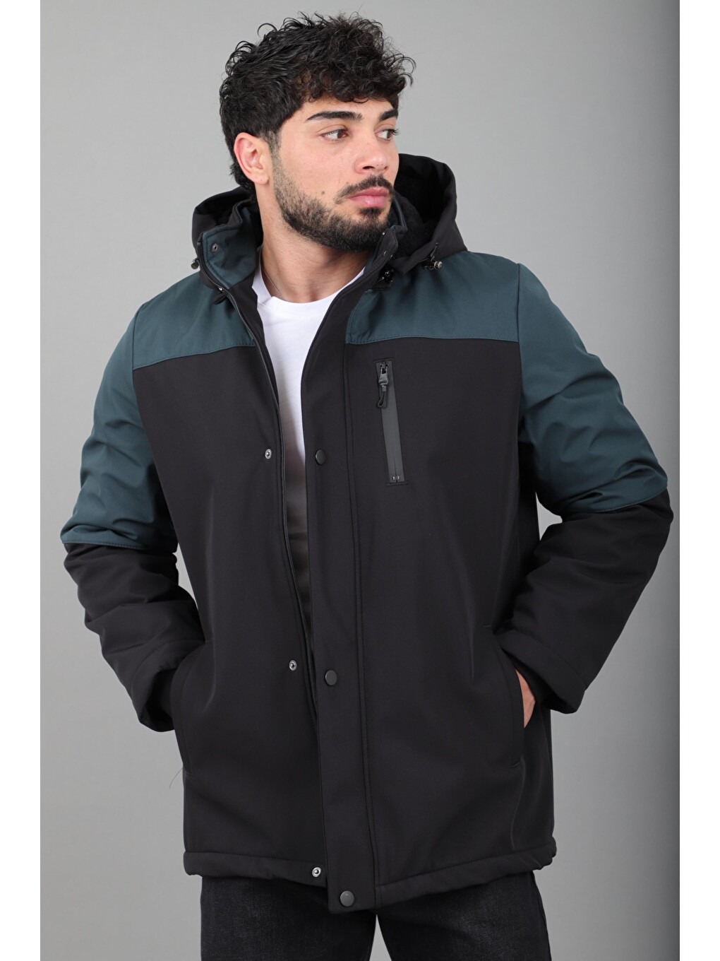 Petrol Parçalı Outdoor Softshell Kışlık Mont Pldp 3038_50513-4