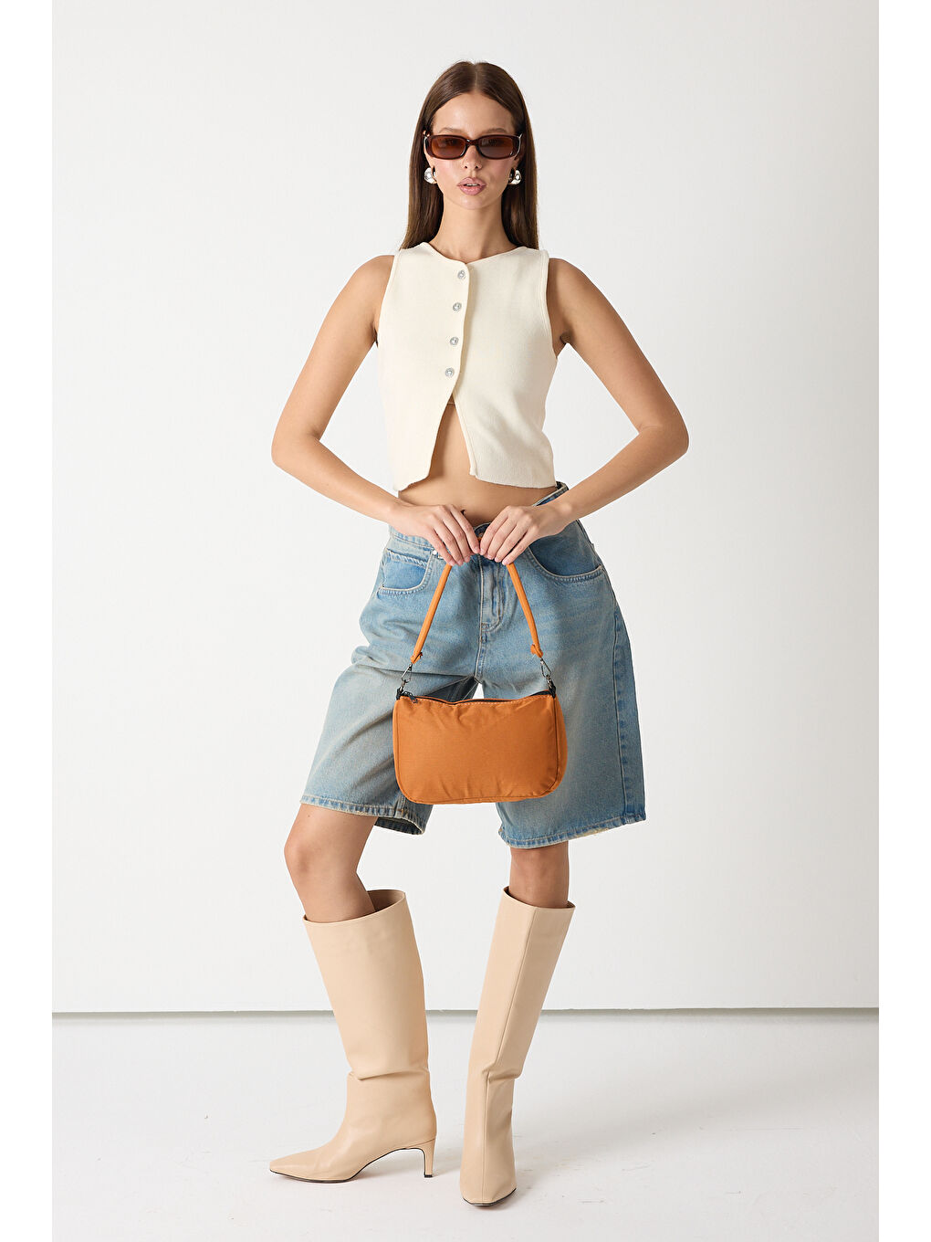 Kahverengi Kadın Tarçın Minimal Tasarım Kumaş Baget Omuz Çantası-4