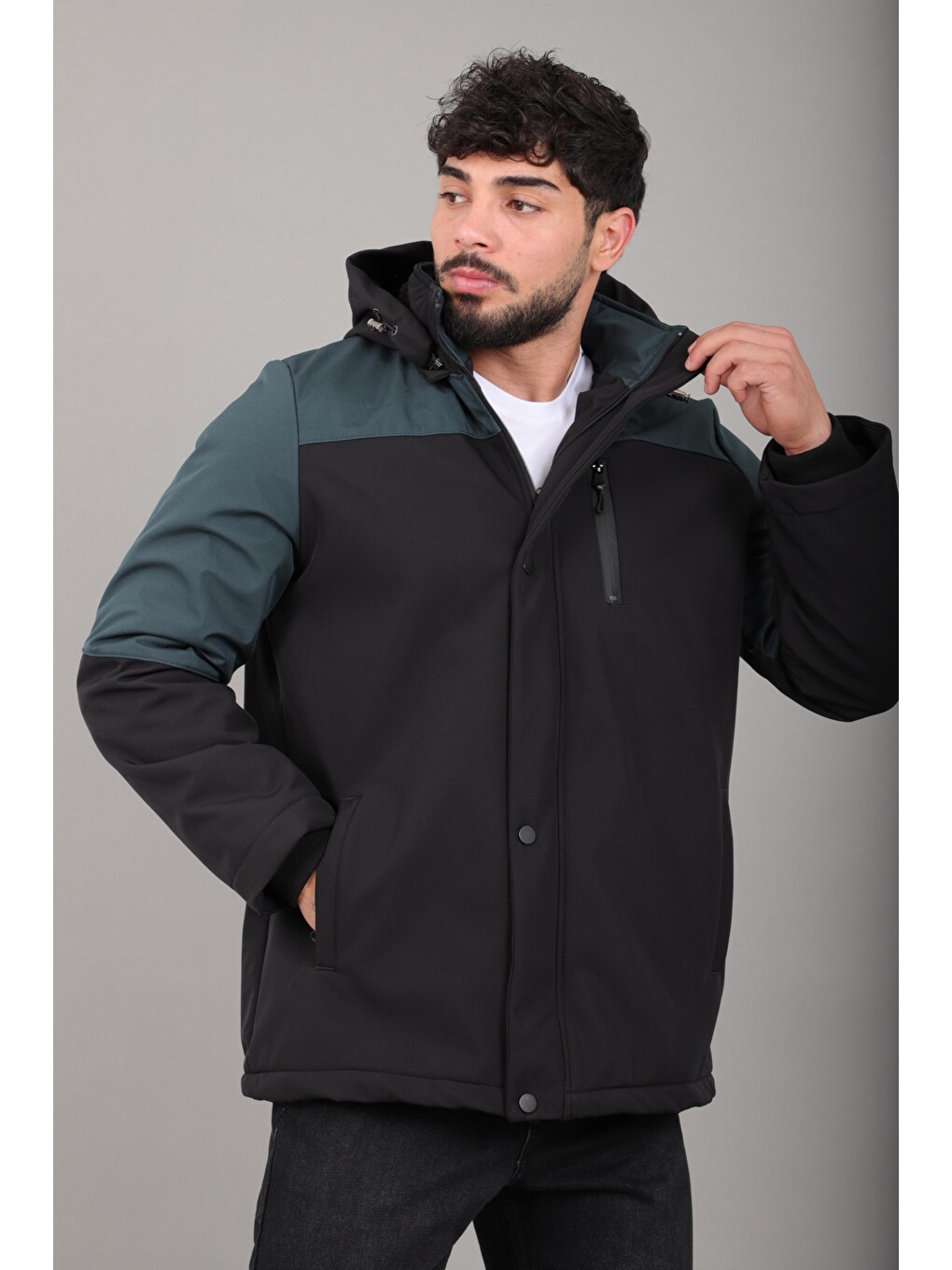 Petrol Parçalı Outdoor Softshell Kışlık Mont Pldp 3038_50513-5