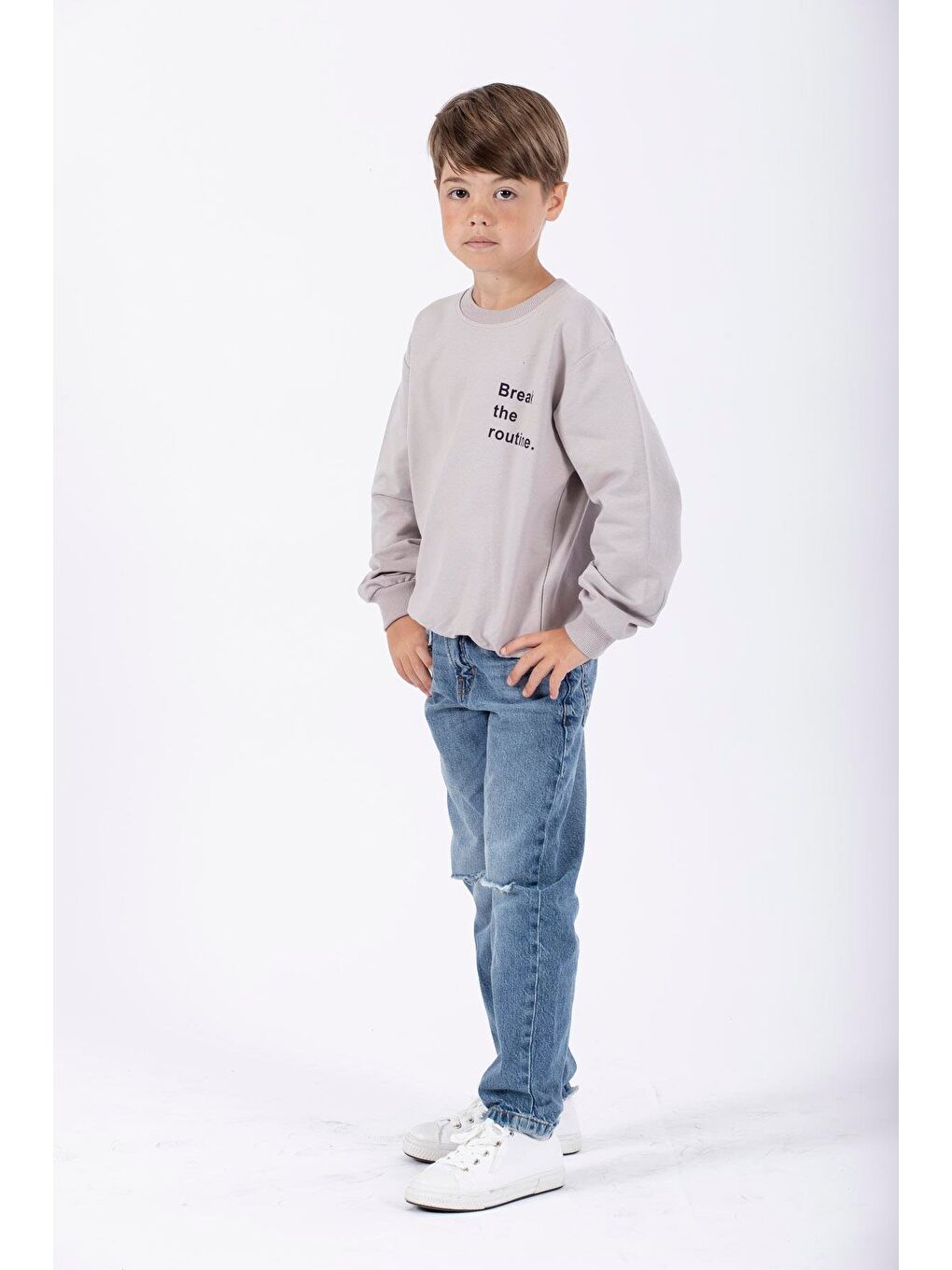 Bej Bisiklet Yaka Yazı Baskılı Erkek Çocuk Sweatshirt-2