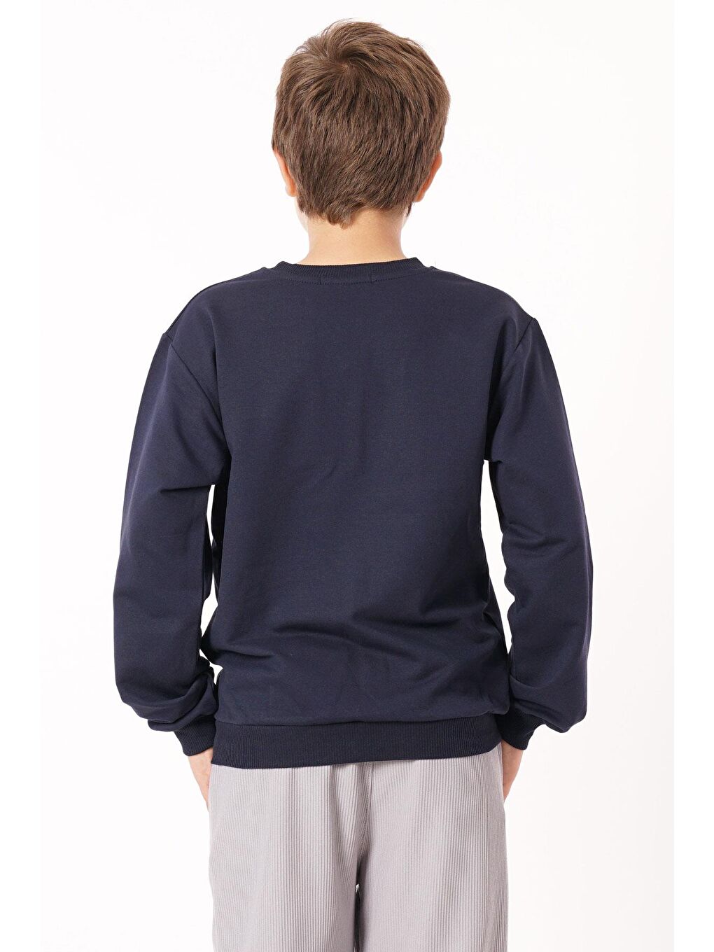 Lacivert Bisiklet Yaka Yazı Baskılı Erkek Çocuk Sweatshirt-2