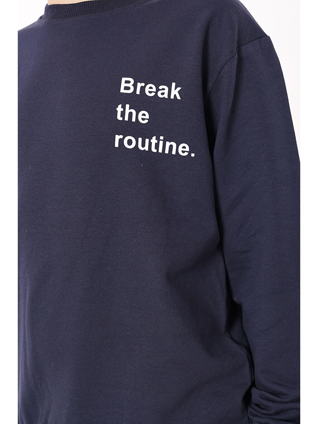 Lacivert Bisiklet Yaka Yazı Baskılı Erkek Çocuk Sweatshirt-4