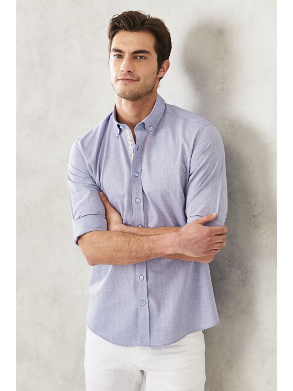 Erkek Açık Lacivert Düğmeli Yaka %100 Pamuk Düz Casual Gömlek-4