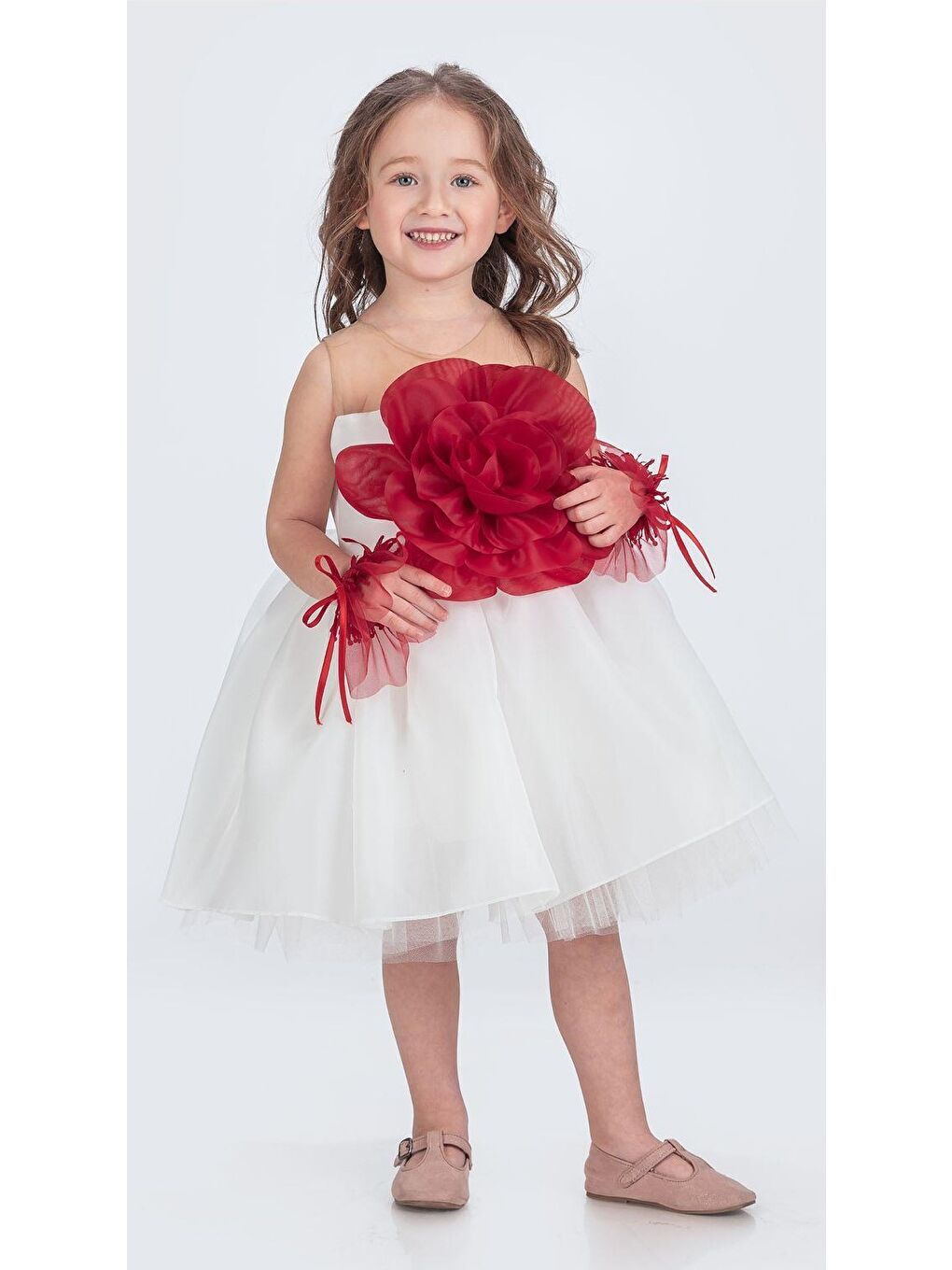 Beyaz Karolin Robası Çiçekli Bilekli Aksesuarlı Kız Çocuk Abiye Elbise M00724-3