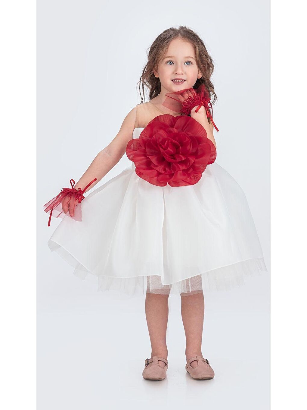 Beyaz Karolin Robası Çiçekli Bilekli Aksesuarlı Kız Çocuk Abiye Elbise M00724-5