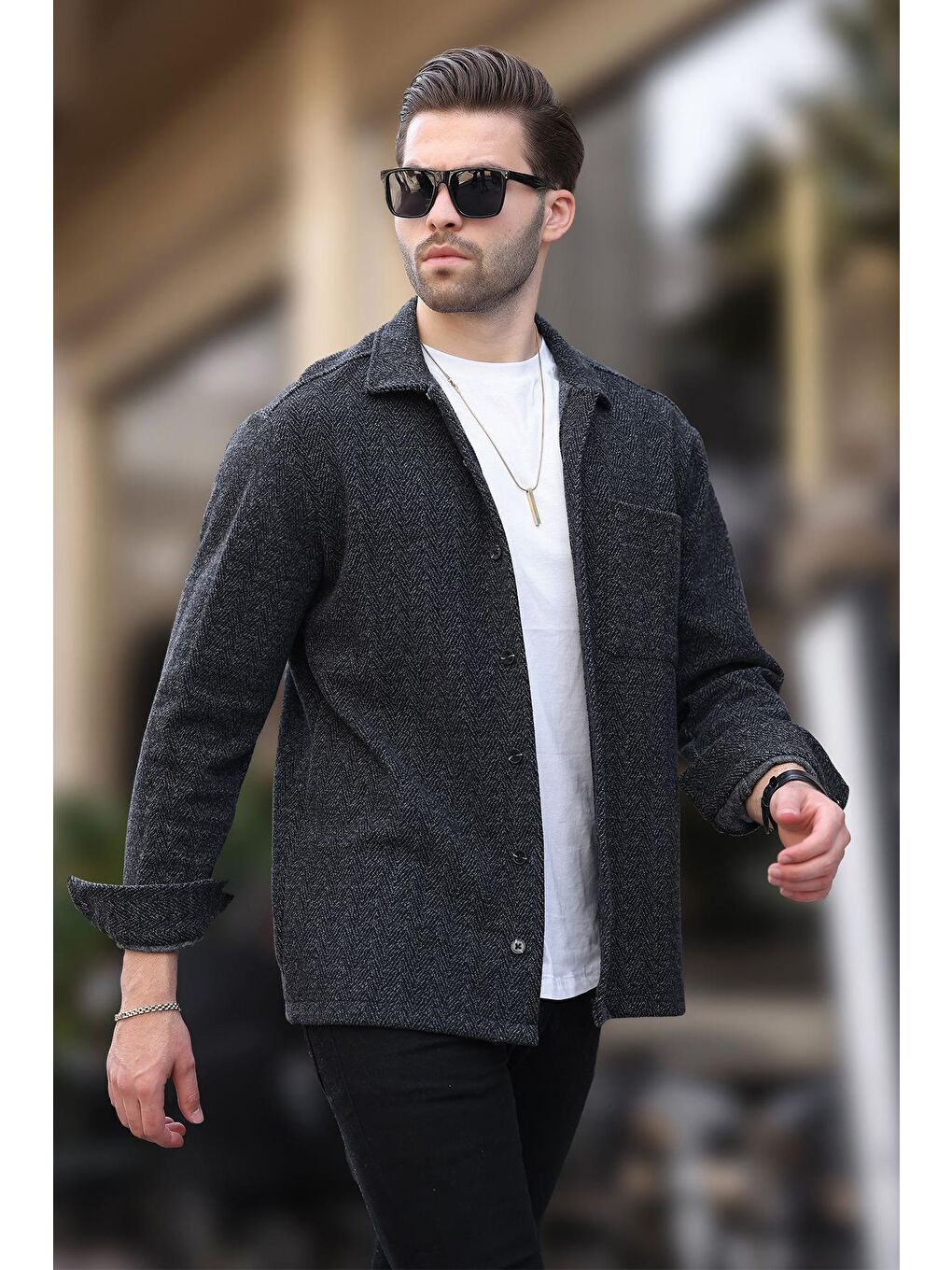 Siyah Desenli Tek Cep Erkek Polar Gömlek 6752