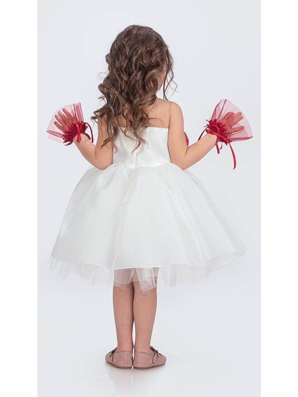 Beyaz Karolin Robası Çiçekli Bilekli Aksesuarlı Kız Çocuk Abiye Elbise M00724-6